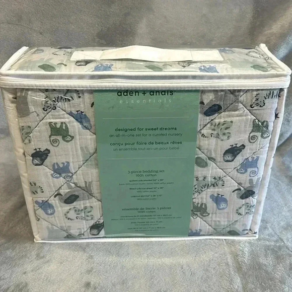 aden + anais Blue and White 3-Piece Crib Set - Picture 3 of 9